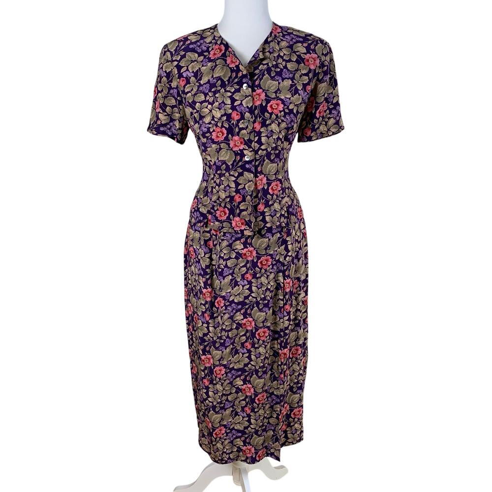 Vintage Jennifer Moore Petites 2-Piece 100% Silk Skirt Set 10P Floral Print